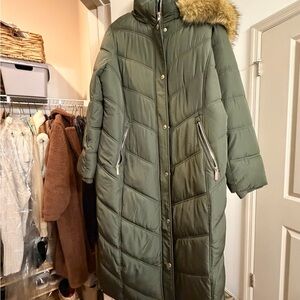 Michael Kors Olive Green Long Quilted Puffer with Faux Fur Trim